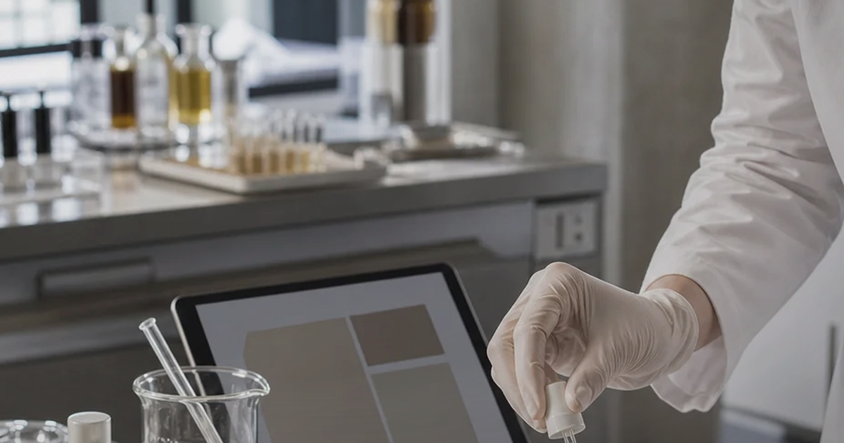 Beauty lab workspace with sample jars, nail color chips, a tablet, and fragrance blotters