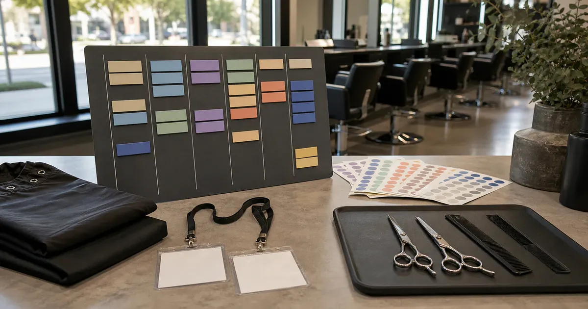 Salon counter workspace with lanyards, time-block magnets, sticker sheets, capes, shears, and empty styling chairs