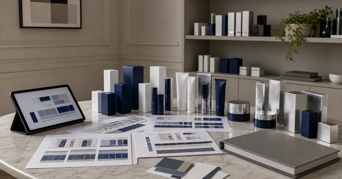 Paris beauty retail planning table with skincare cartons, channel notes and a France market binder