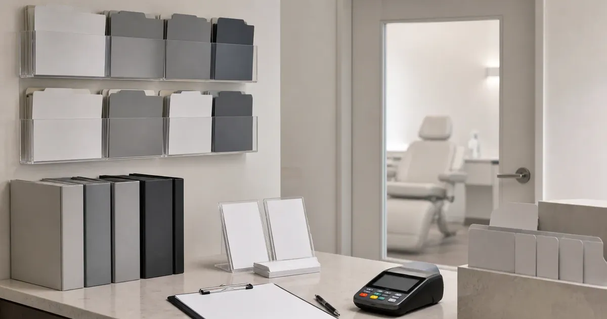 Medspa intake doorway with numbered folders, HIPAA binders, pricing cards, consent clipboard, and payment terminal