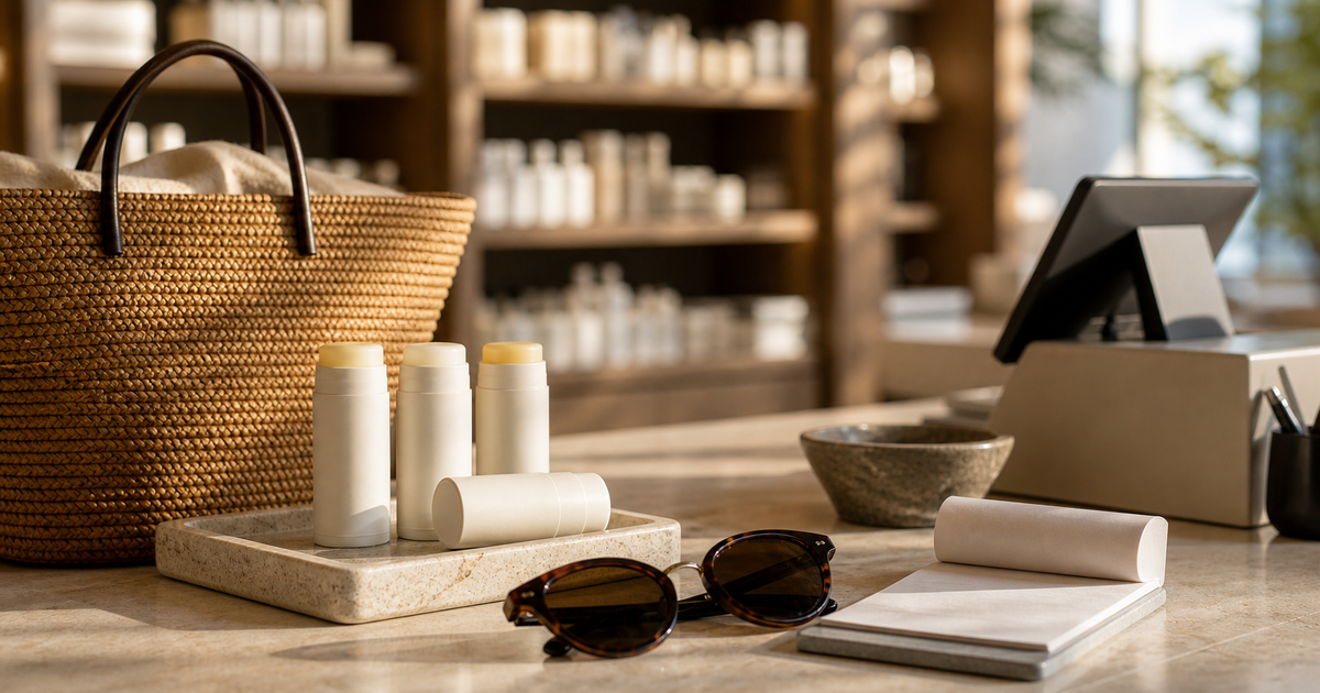 Beauty retail checkout counter with sunscreen sticks, sunglasses, and a woven tote in late-afternoon light