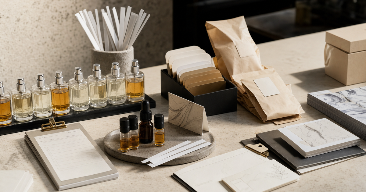 fragrance retail counter with tester bottles, blotter strips, sample vials, and a merchandising tablet connected to Tom Ford dupes and...